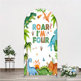 Lofaris Roar I’m Four Dinosaur Birthday Arch Backdrop Boys 4th Bday Party Banner T Rex and Volcano Jungle Photo Prop